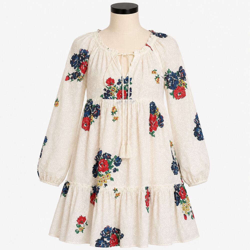 Tory Burch Ivory Floral Embroidered Peasant Tunic Dress Women's XS Long Sleeve